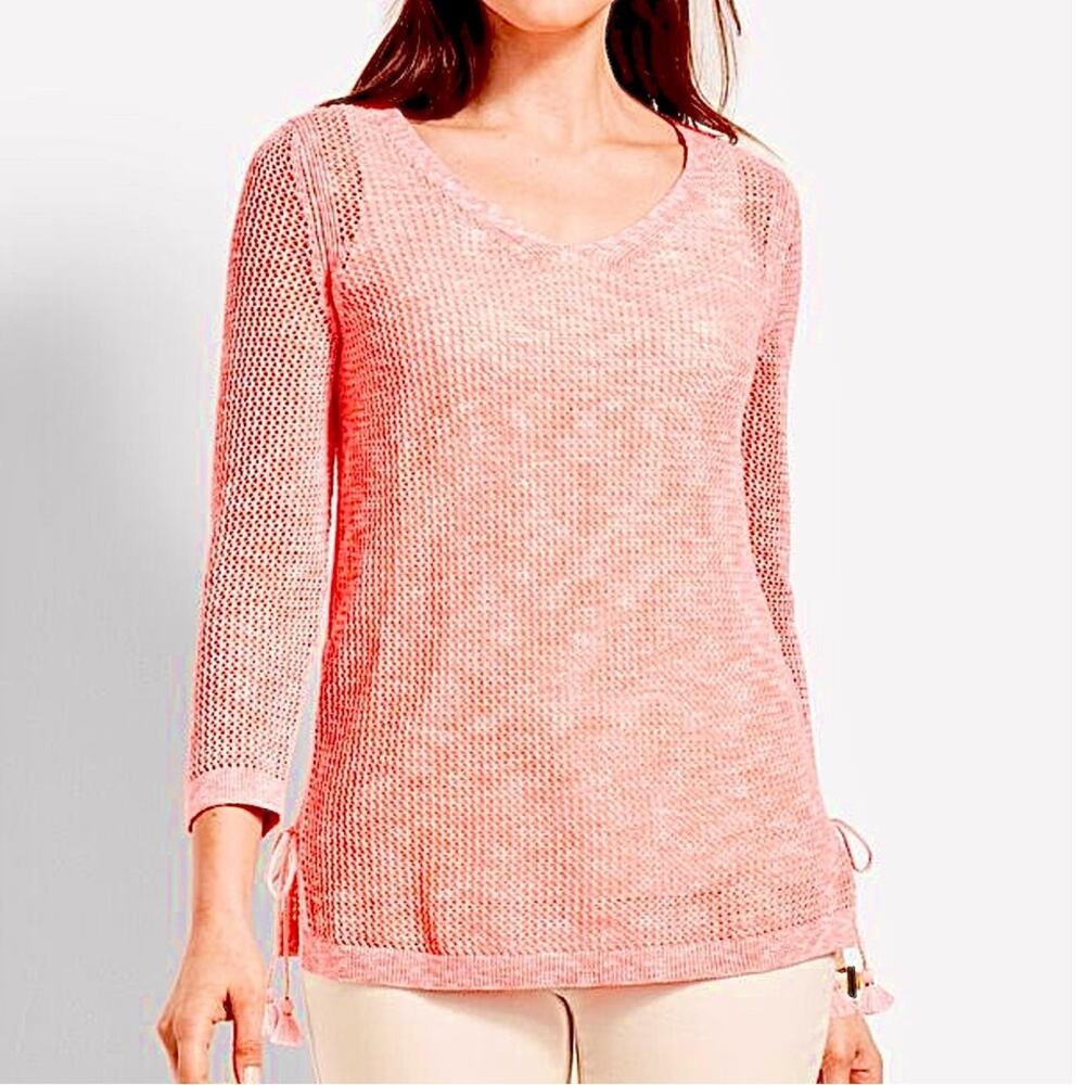 Talbots Space Dye Mesh Tassel Side Tie Sweater L Petite Coral Pink Peach Pima
